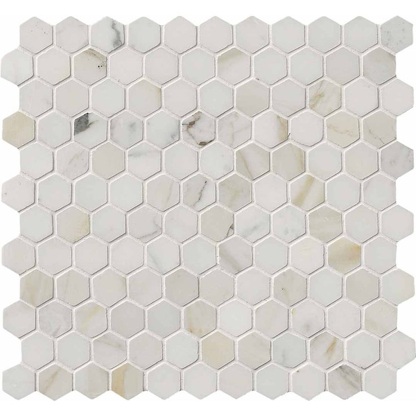 Calacatta Gold Hexagon 12 In. X 12 In. Polished Marble Mesh-Mounted Mosaic Tile, 10PK